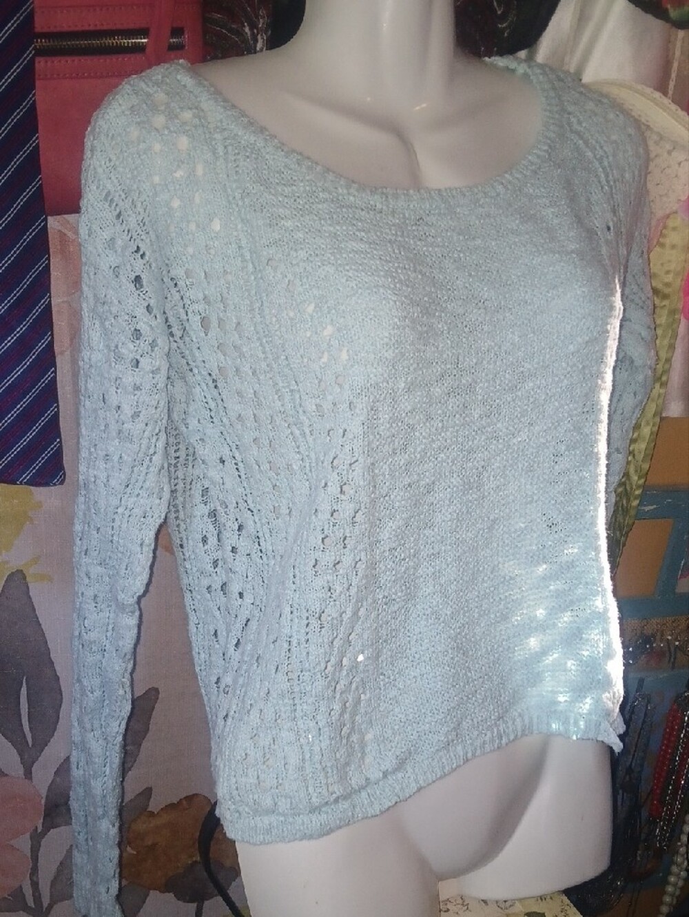 Aeropostale Light Blue Open-Knit Scoop Neck Sweater Medium